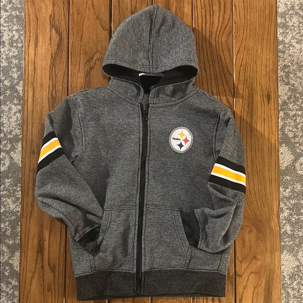 Gray Sweatshirt with Hood and Yellow Stripes